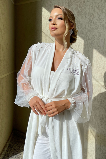 Robe Maya Longo em Tule Transparente Bordado com Pérolas para Noiva