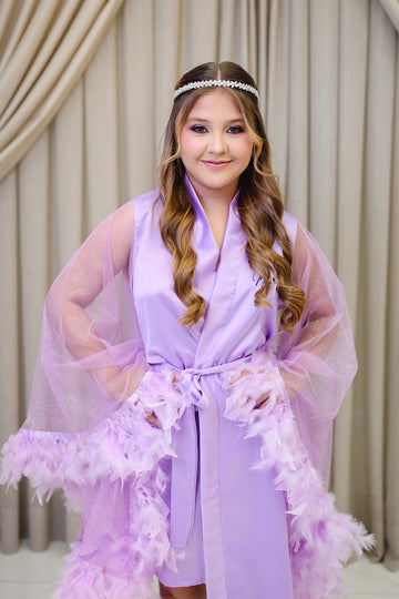 Robe Cecilia Curto Roxo Mangas em Tule Transparente e Plumas para Debutante