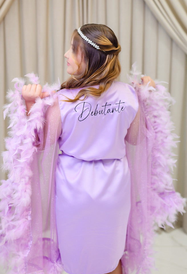 Robe Cecilia Curto Roxo Mangas em Tule Transparente e Plumas para Debutante