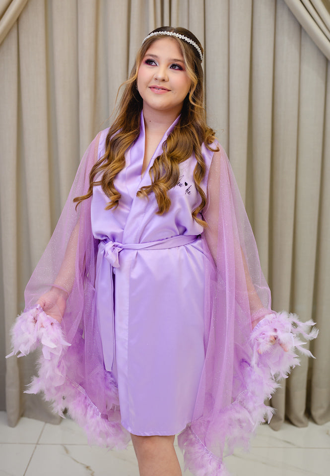 Robe Cecilia Curto Roxo Mangas em Tule Transparente e Plumas para Debutante