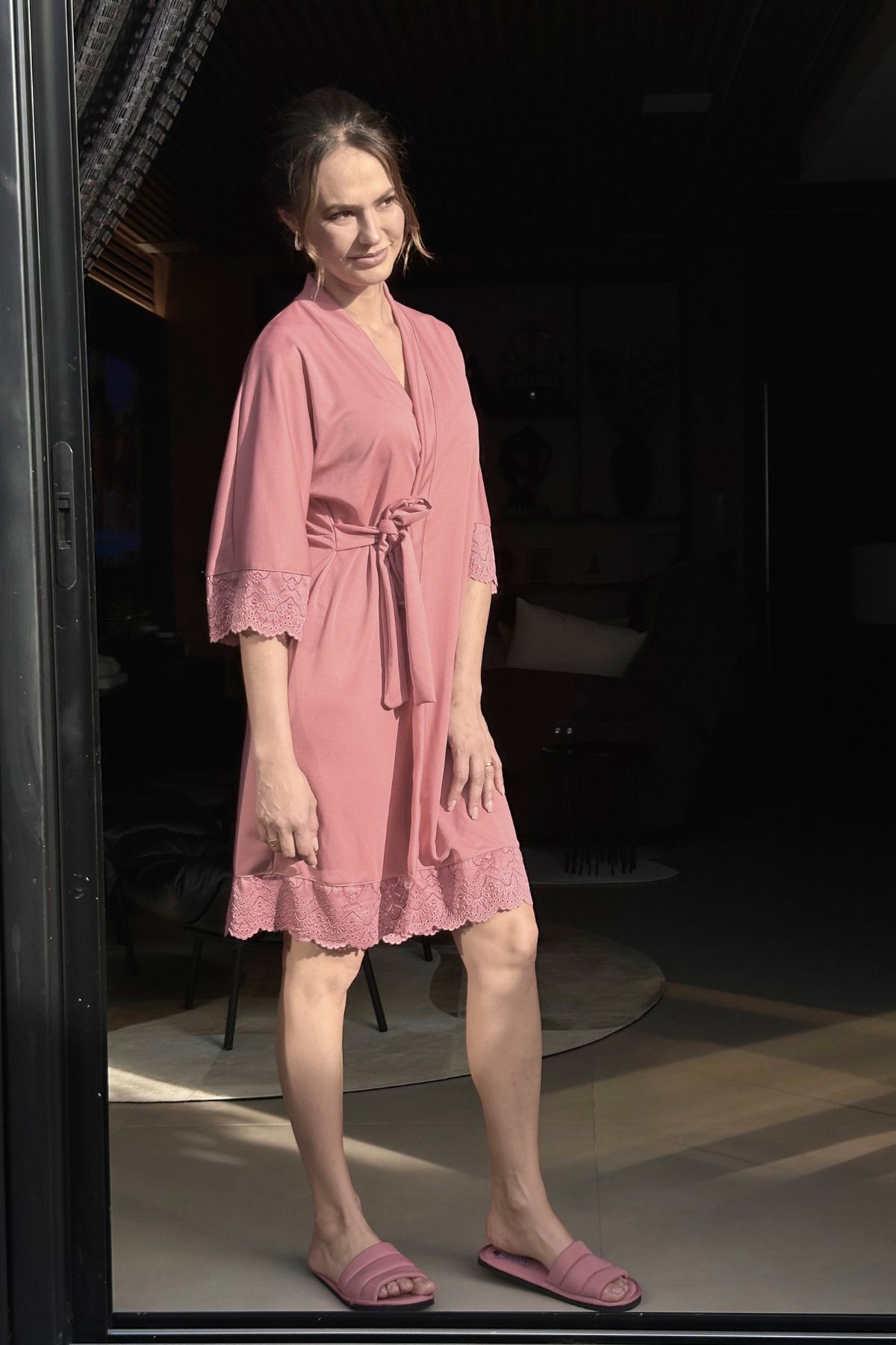 Robe Barbara Rosa Canela com Renda Madrinha Mãe da Noiva e Daminha