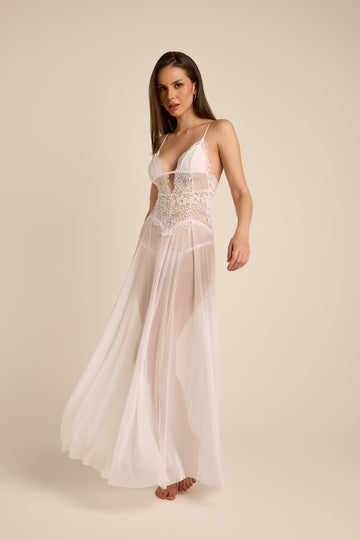 Camisola Esme de Renda Branca Com Calcinha