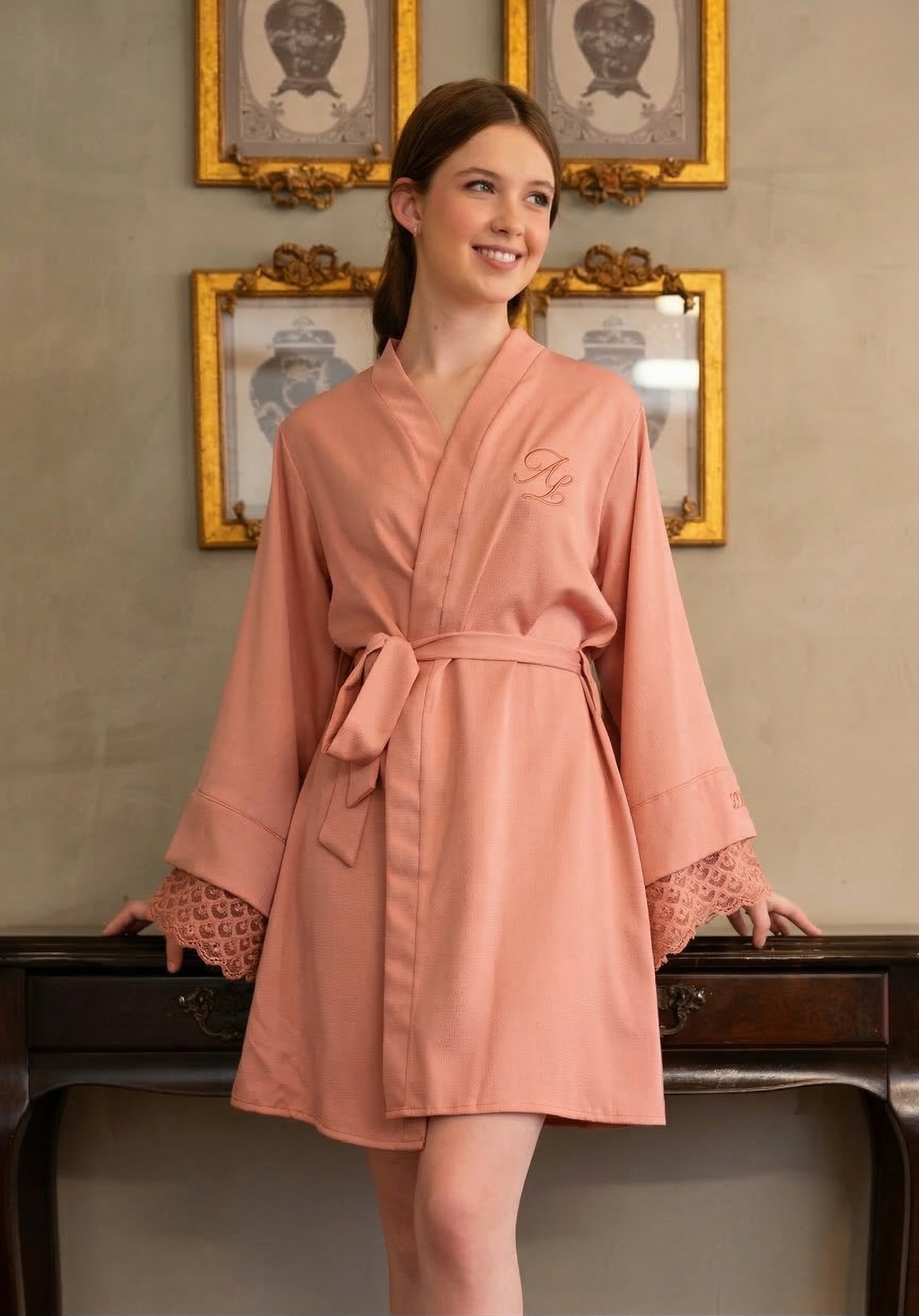 Robe Mel Curto Rose Mangas em Renda Personalizado para Debutante