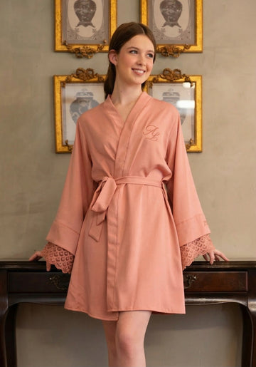 Robe Mel Curto Rose Mangas em Renda Personalizado para Debutante