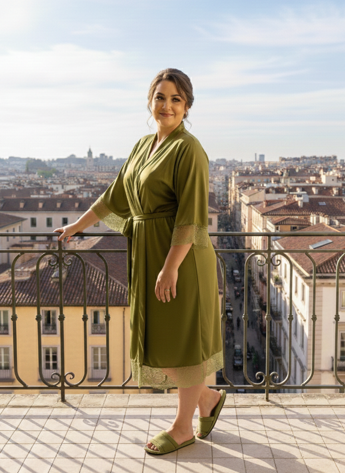 Robe Barbara Verde Oliva com Renda Madrinha Mãe da Noiva