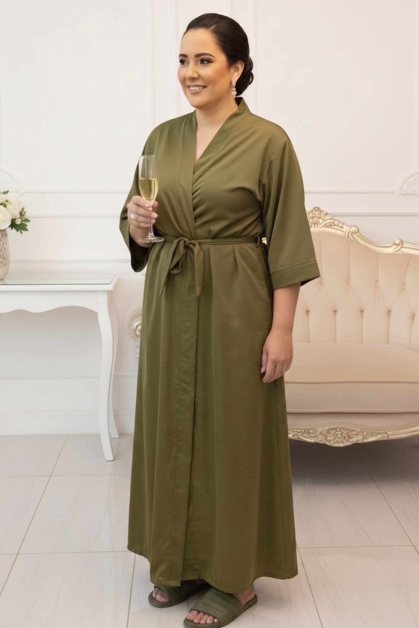 Kit Merida Robe + Pantufa Chinelinho Verde Oliva Madrinha e Mãe