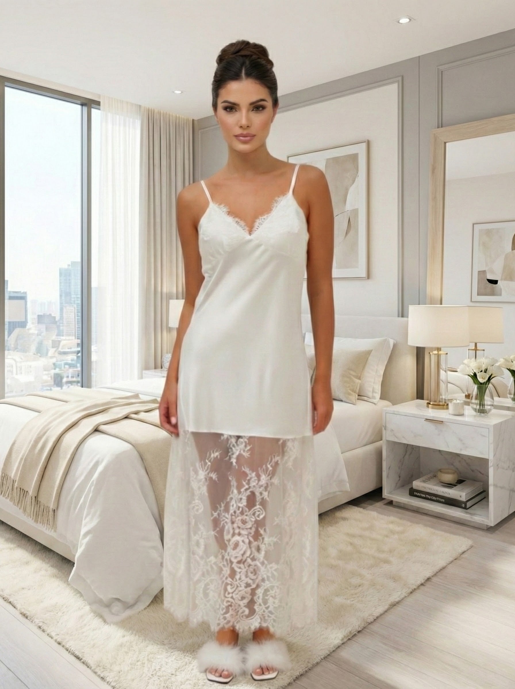 Camisola Livia de Noiva Longa Elegante com Detalhes em Renda