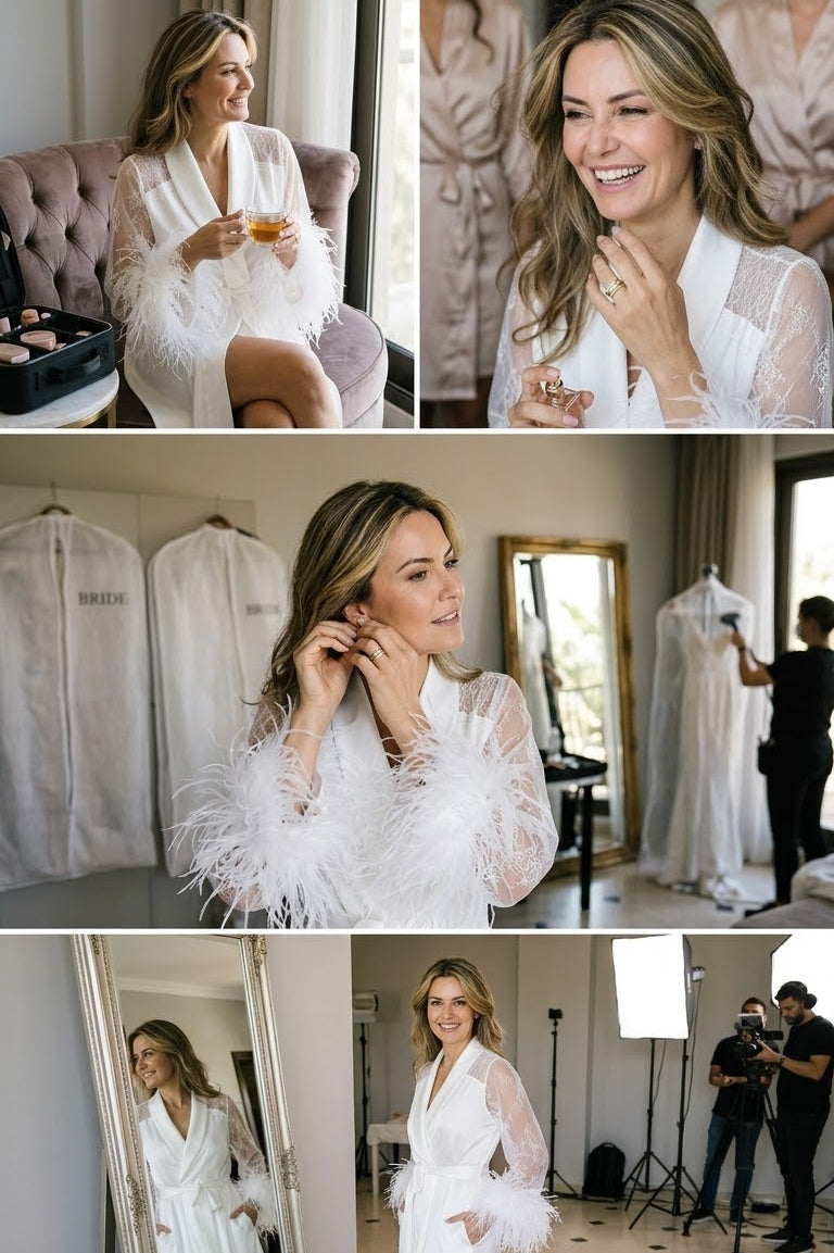 Robe Sara com Renda Chantilly e Plumas de Avestruz Luxuoso