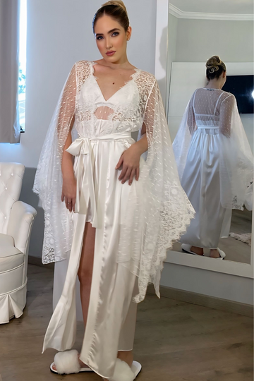 Conjunto Mariane Branco Robe Longo em Renda Francesa com Camisola