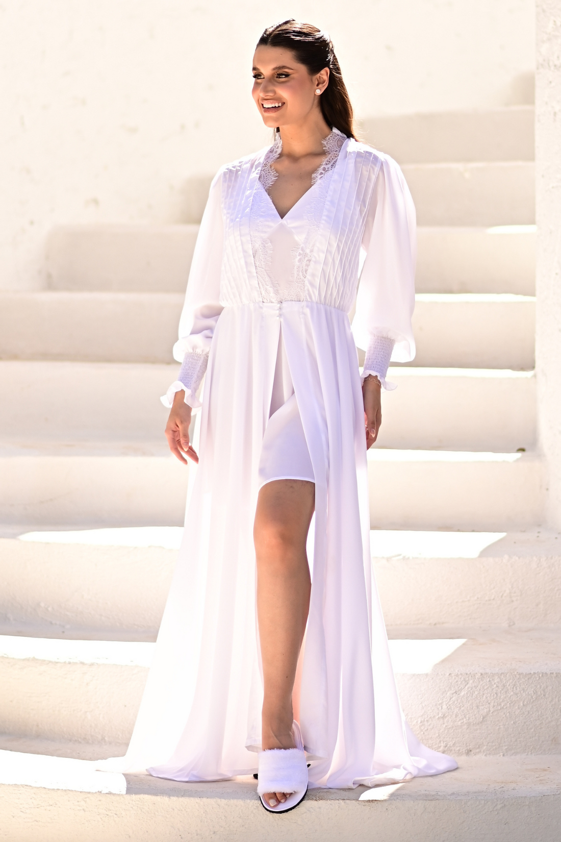 Conjunto More Branco com Robe Longo e Camisola para Noiva