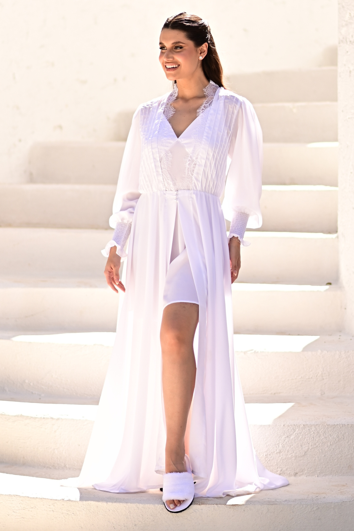 Conjunto More Branco com Robe Longo e Camisola para Noiva
