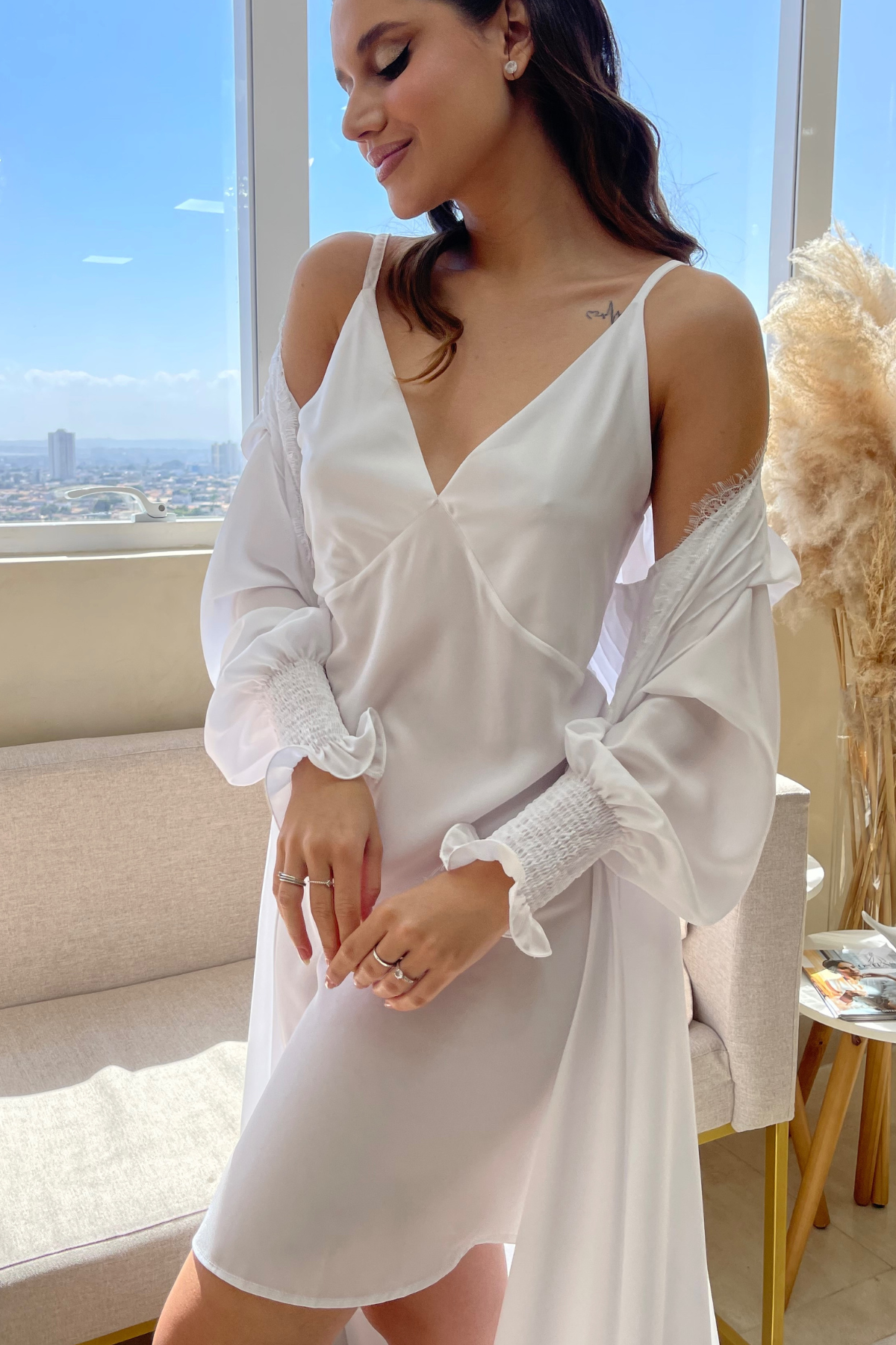 Conjunto More Branco com Robe Longo e Camisola para Noiva
