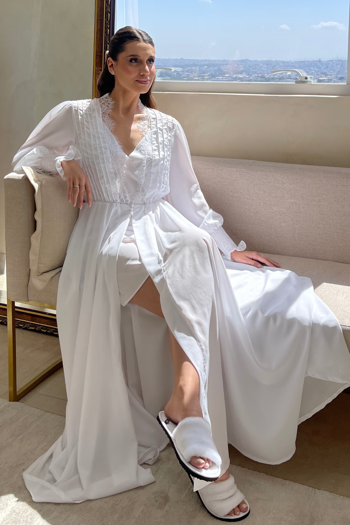 Conjunto More Branco com Robe Longo e Camisola para Noiva