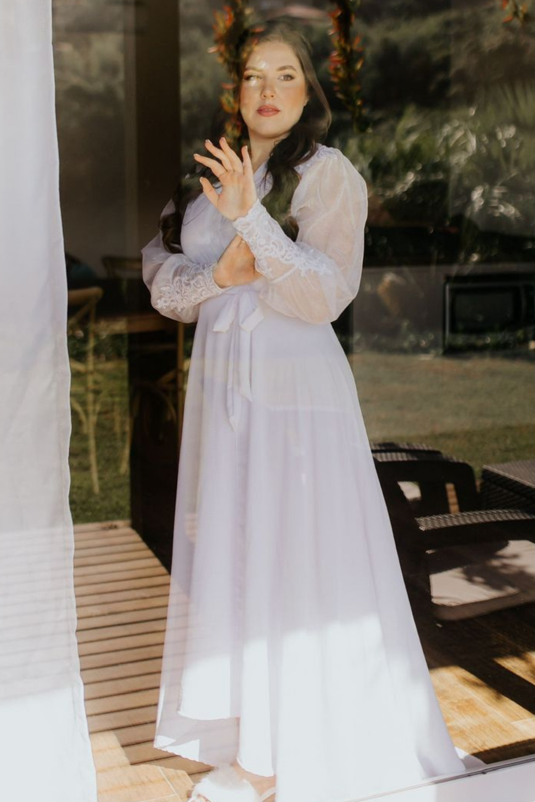 Robe Eva Longo de Tule com Brilho e Guipir Bordado Luxuoso