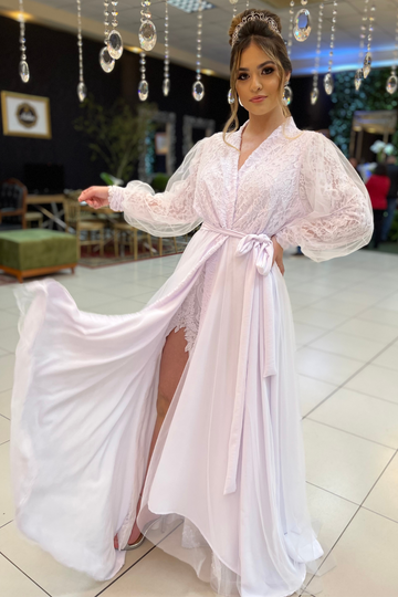 Robe Amore Longo para Noiva com Manga de Renda e Tule Sobreposto