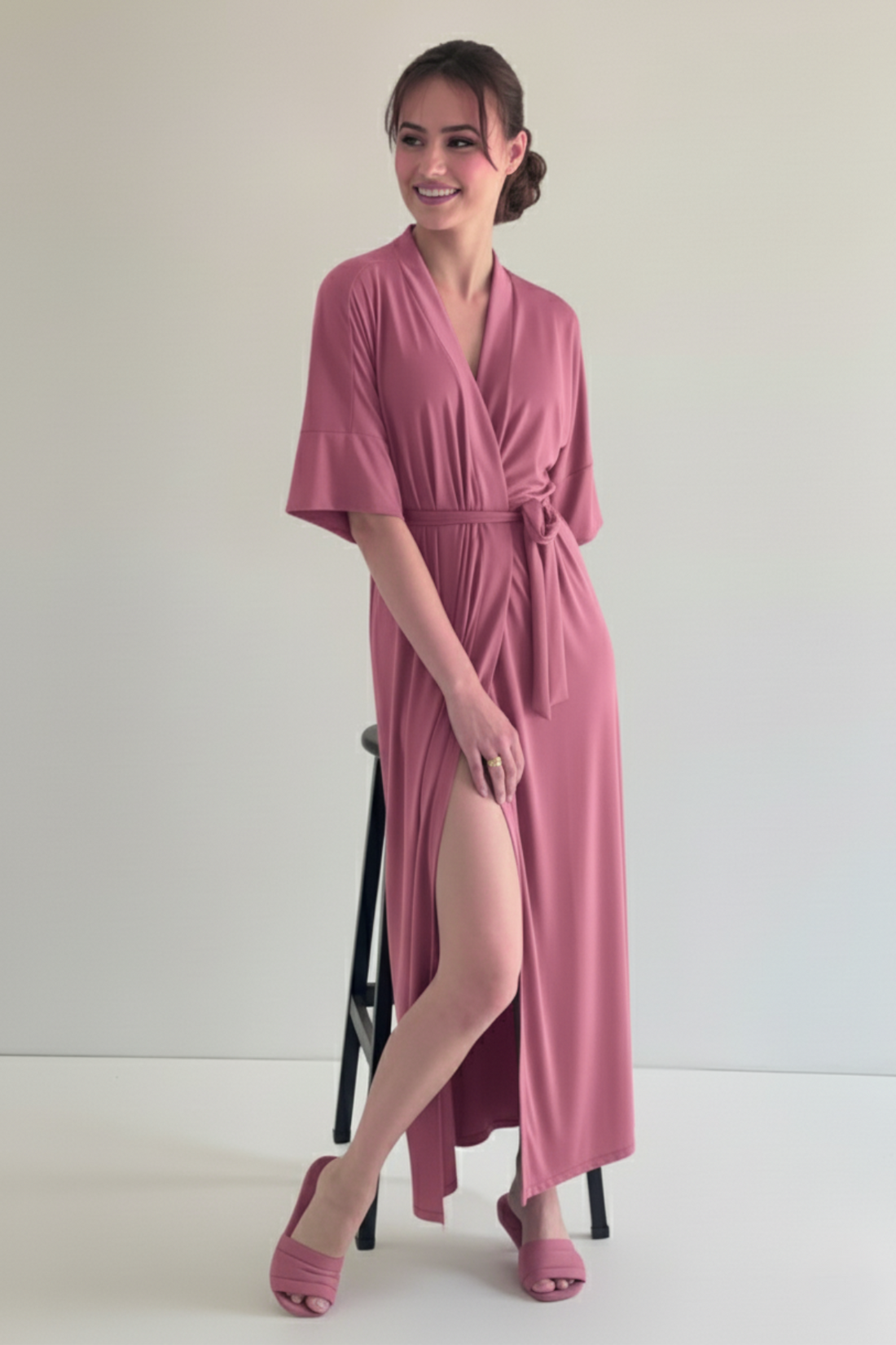 Robe Rosa Canela Merida Para Madrinha ou Mãe da Noiva Rosê Chá