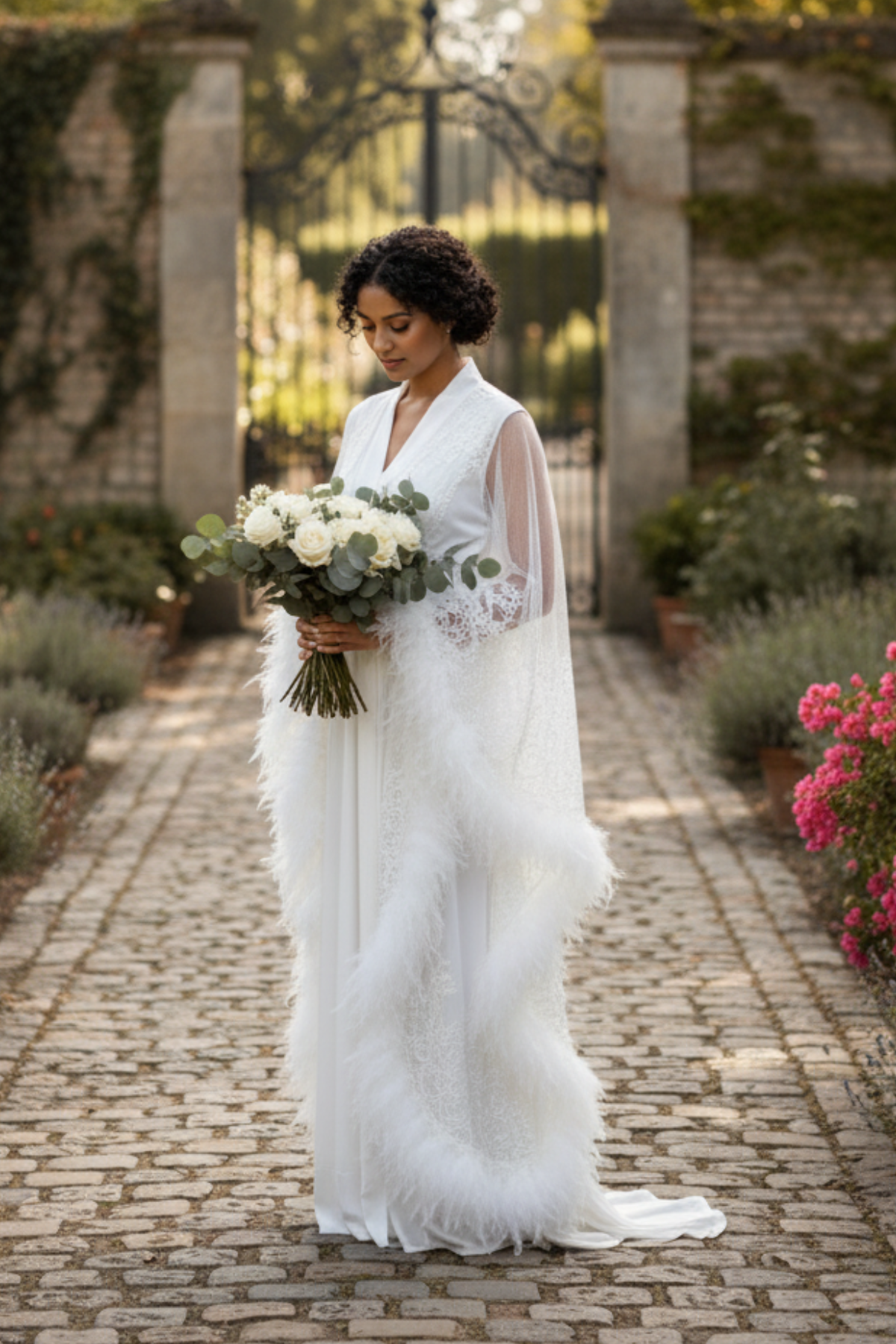 Robe de Noiva Anjo II em Tule Longo com Guipir e Plumas Elegantes