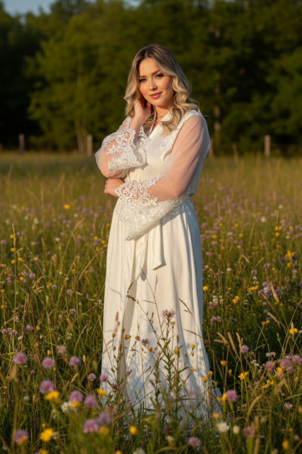 Robe Estela de Noiva com Mangas em Tule Transparente e Guipir