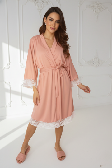 Kit Robe + Pantufa Chinelinho Rose Barbara Com Renda Branca