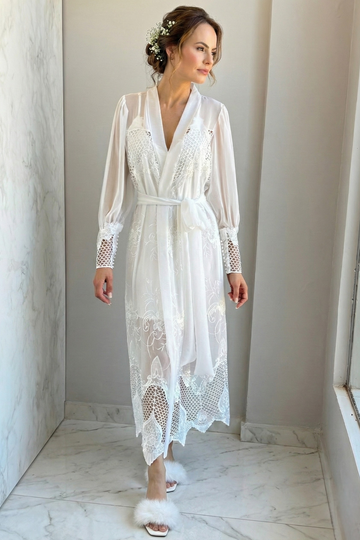 Conjunto Robe de Renda Leonor com Camisola para Noiva Boho