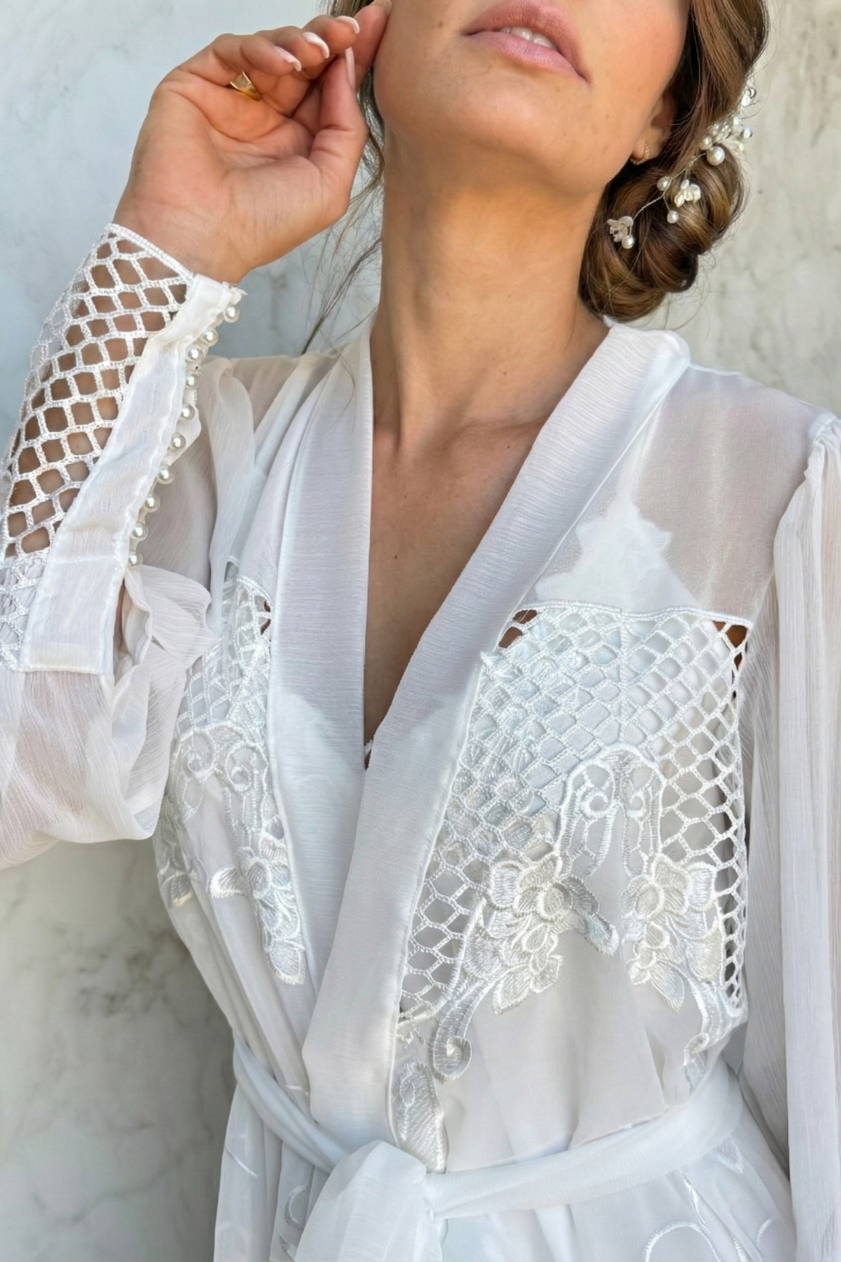 Conjunto Robe de Renda Leonor com Camisola para Noiva Boho