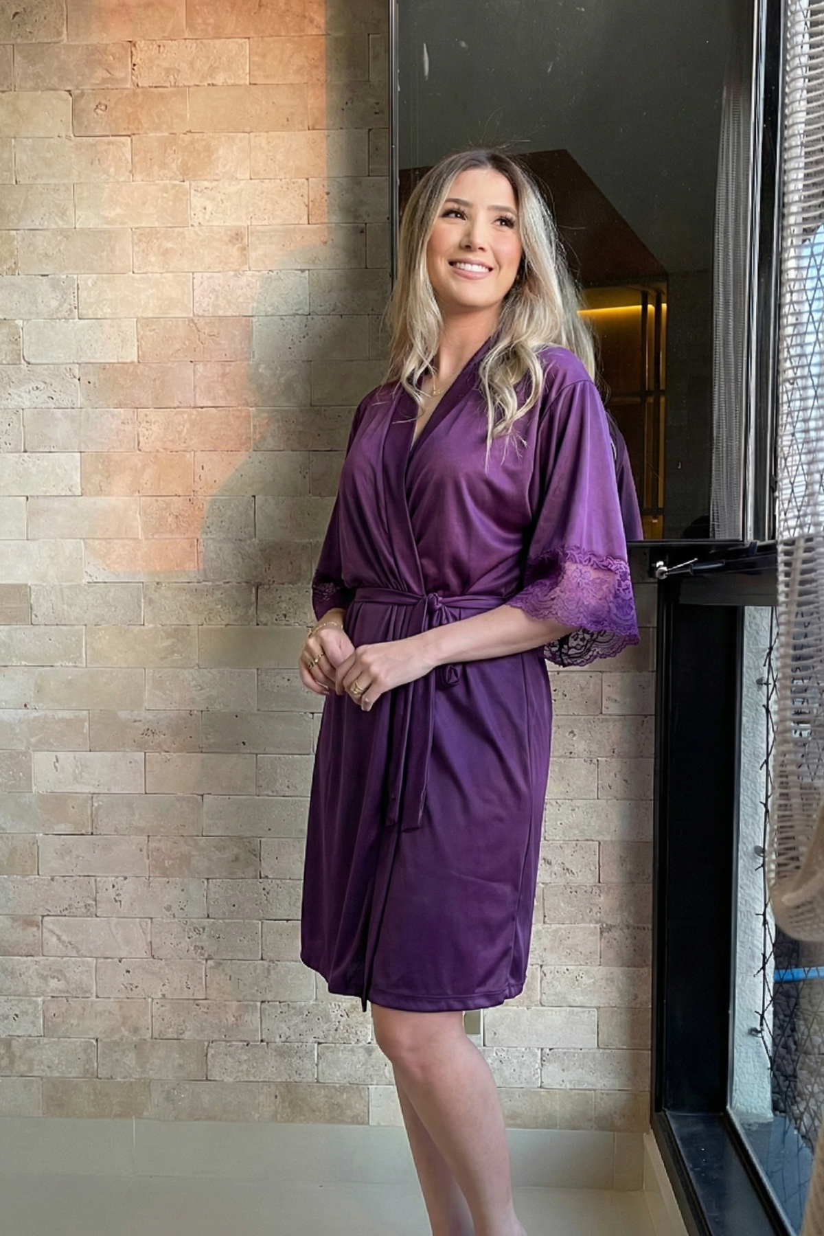 Kit Robe + Pantufa Chinelinho Leticia Roxo com Renda