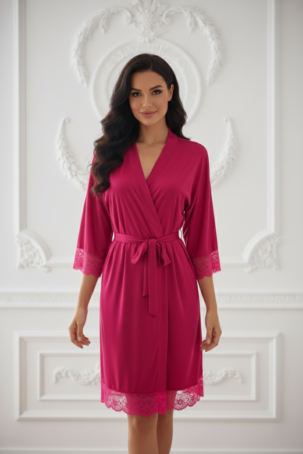 Kit Robe + Pantufa Chinelinho Barbara Rosa Pink com Renda
