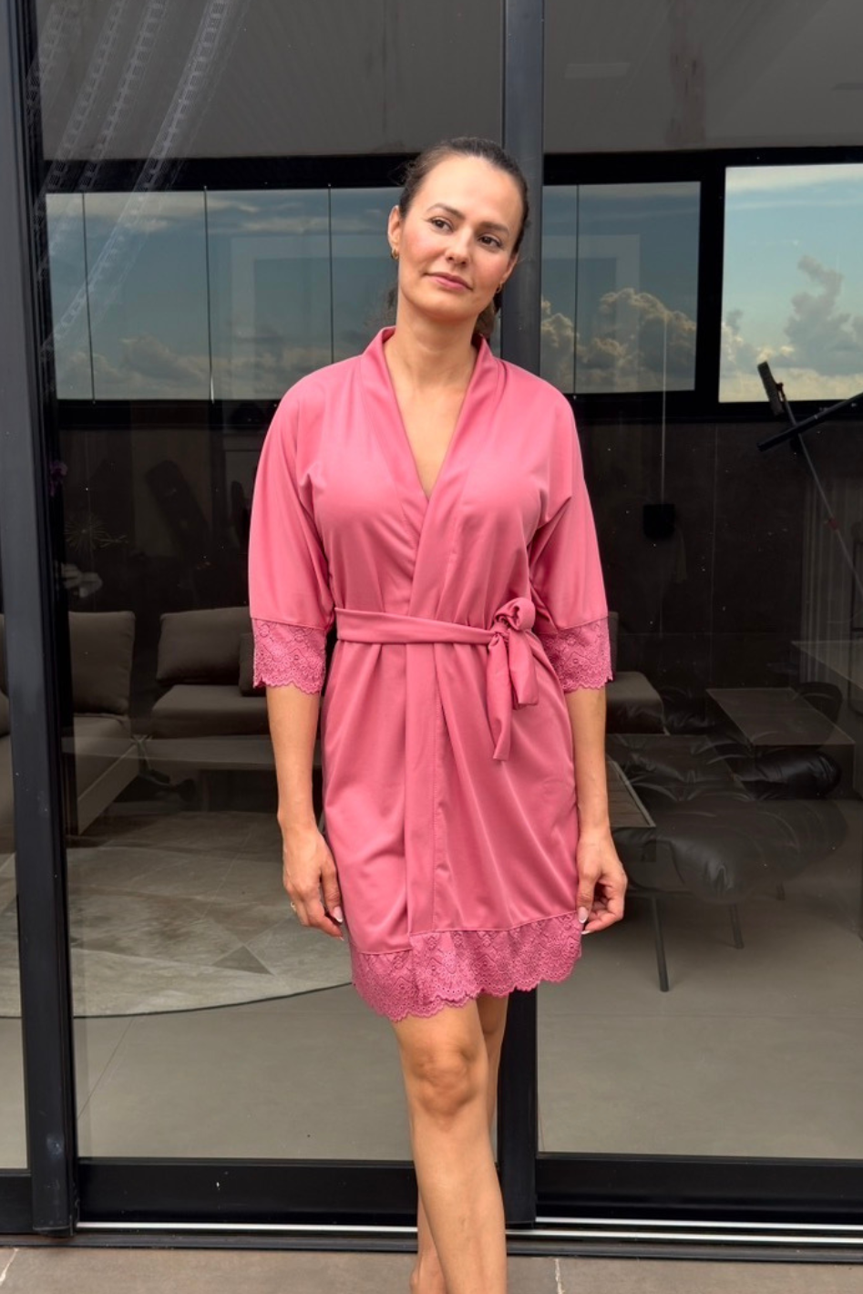 Robe Barbara Rosa Canela com Renda Madrinha Mãe da Noiva e Daminha