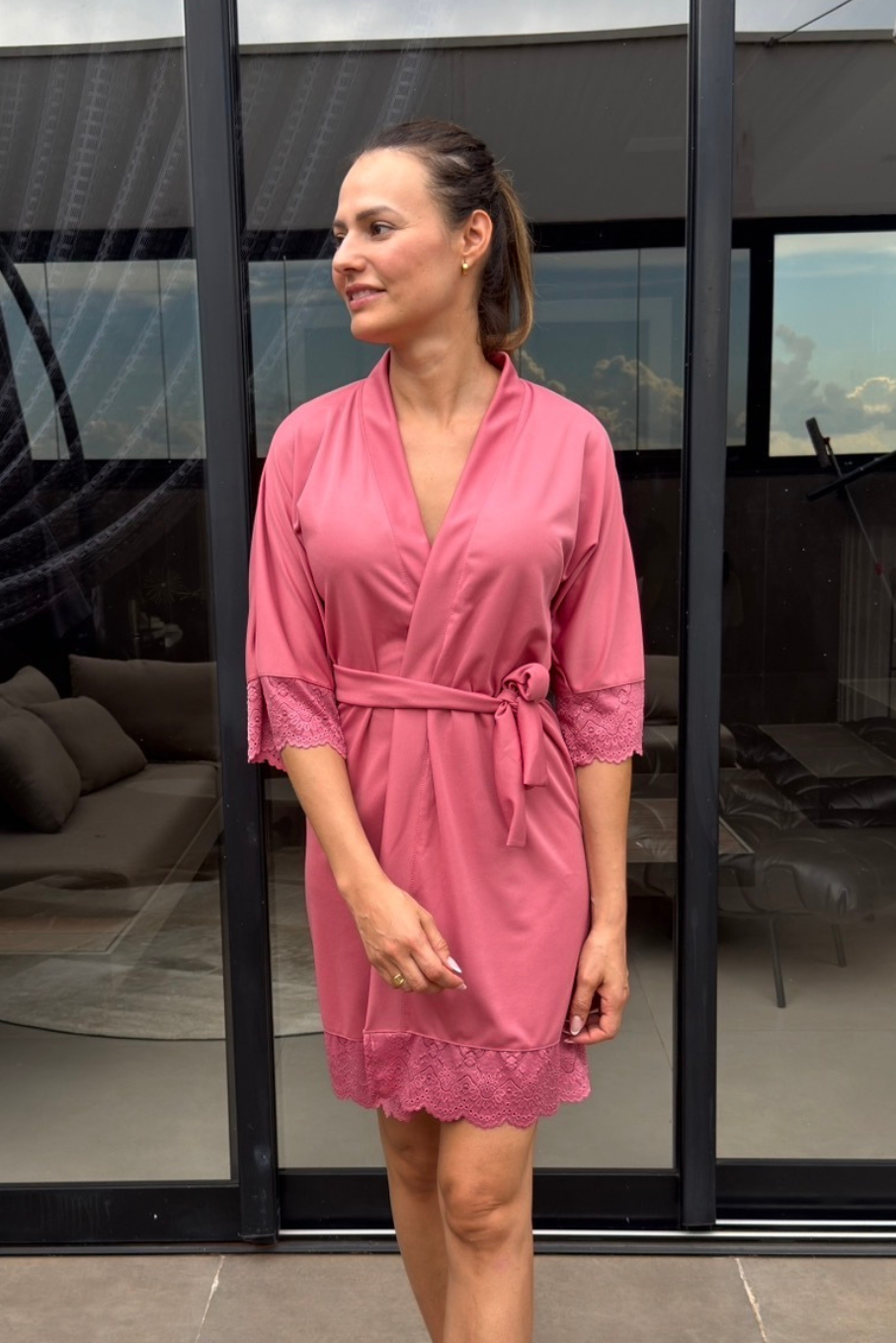Robe Barbara Rosa Canela com Renda Madrinha Mãe da Noiva e Daminha