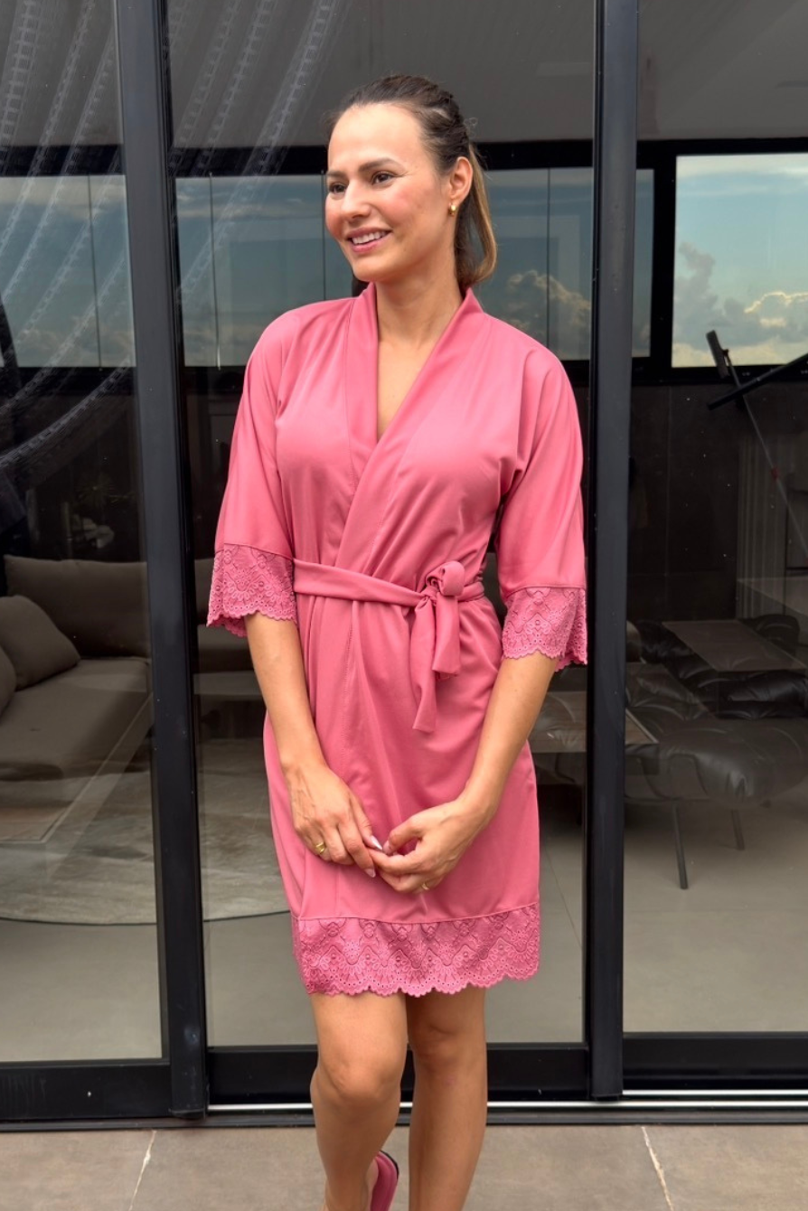 Robe Barbara Rosa Canela com Renda Madrinha Mãe da Noiva e Daminha