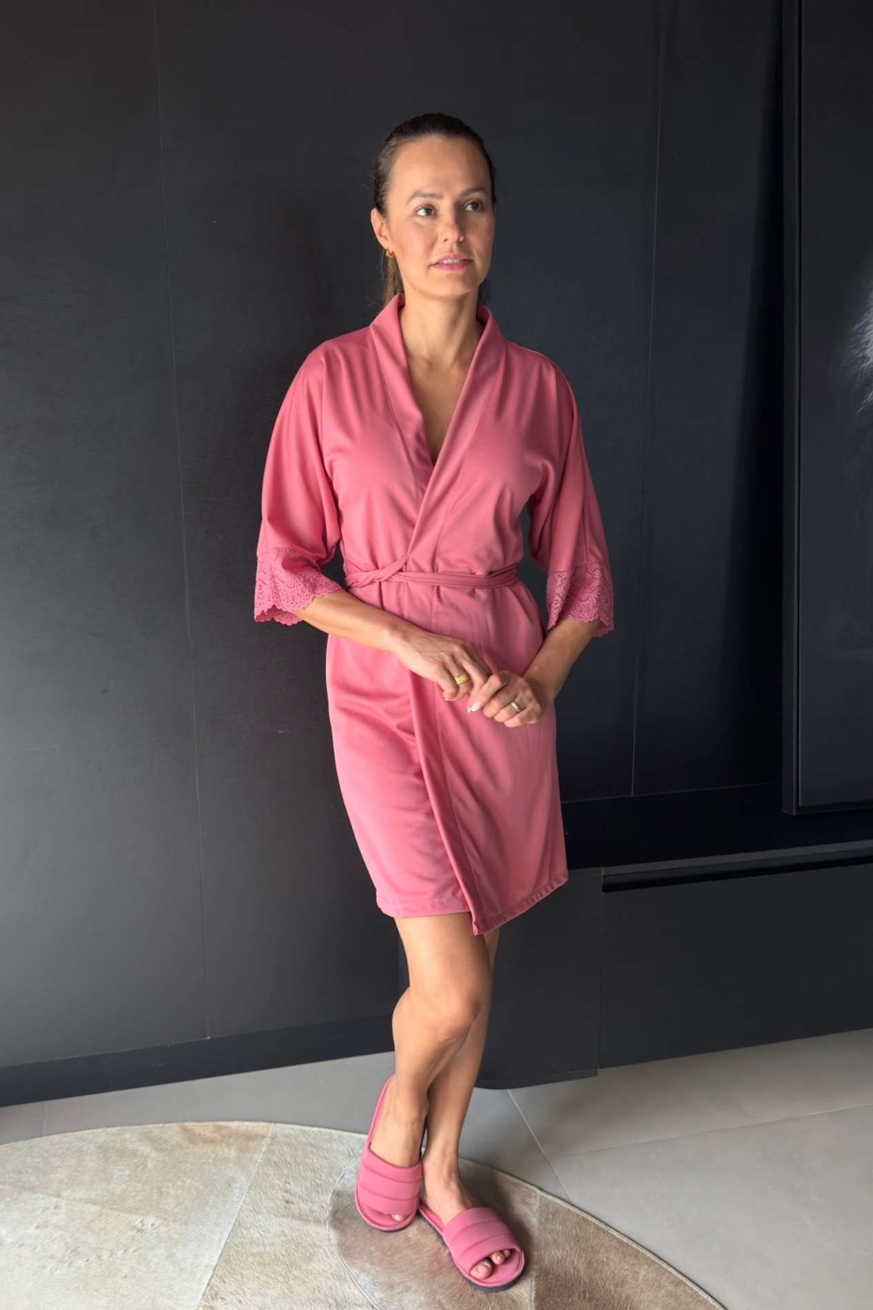 Kit Robe + Pantufa Chinelinho Leticia Rosa Canela com Renda