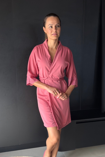 Robe Leticia Rosa Canela com Renda Madrinha Mãe da Noiva e Daminha