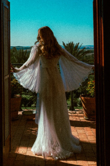 Robe Plisso de Voal Plissado para Noivas Romanticas com Camisola