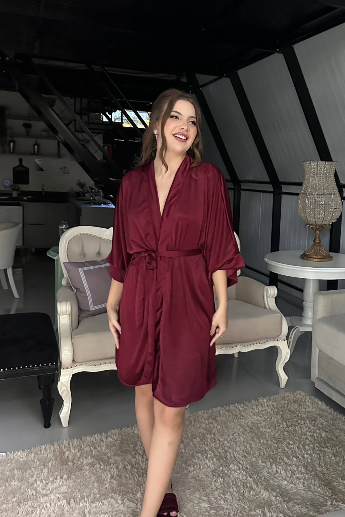 Kit Robe + Pantufa Chinelinho Ceti Bordô Para Madrinhas e Mãe