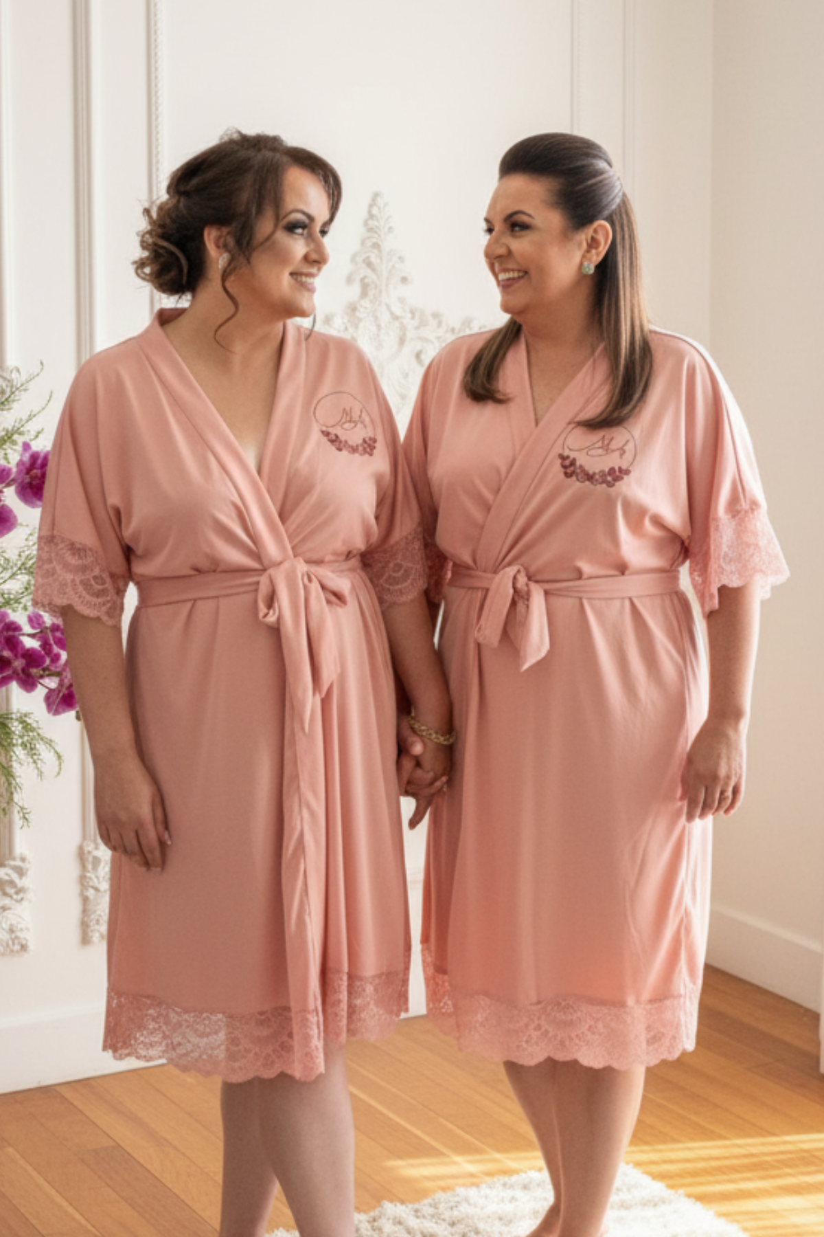 Kit Robe + Pantufa Chinelinho Rose Barbara Com Renda Madrinha
