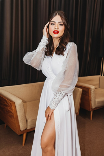 Robe Eva Longo de Tule com Brilho e Guipir Bordado Luxuoso