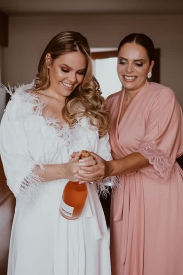 Kit Robe + Pantufa Chinelinho Leticia Rosê com Renda Madrinha Mãe da Noiva e Daminha