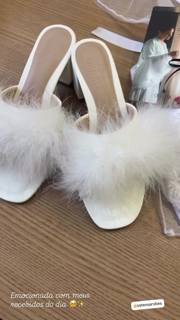 Tamanco Paris Branco com Plumas Luxo para Noivas
