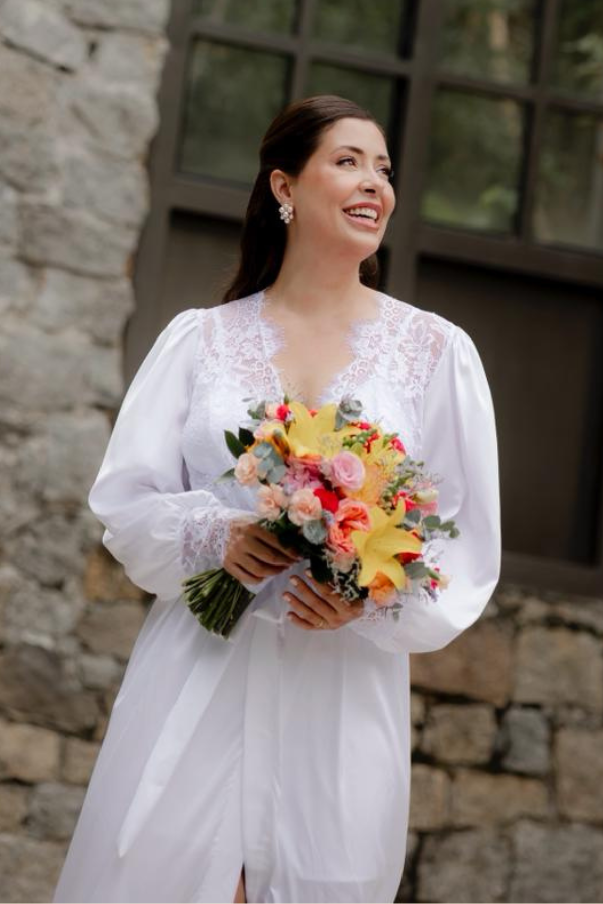 Conjunto Robe Poliana com Camisola em Renda Chantilly para Noiva Romantica