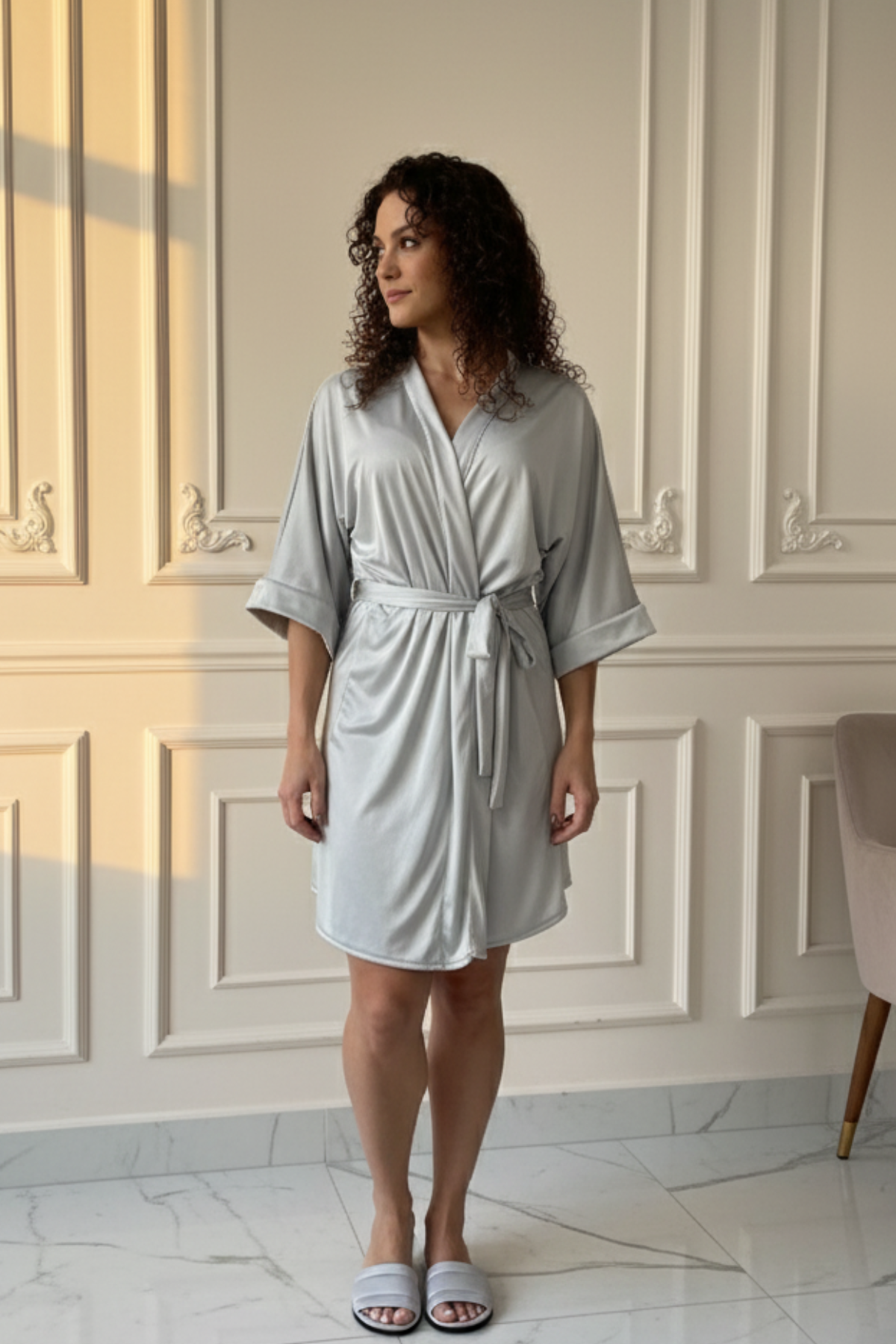 Robe Ceti Cinza Claro Para Madrinhas e Mãe da Noiva Não Amarrota