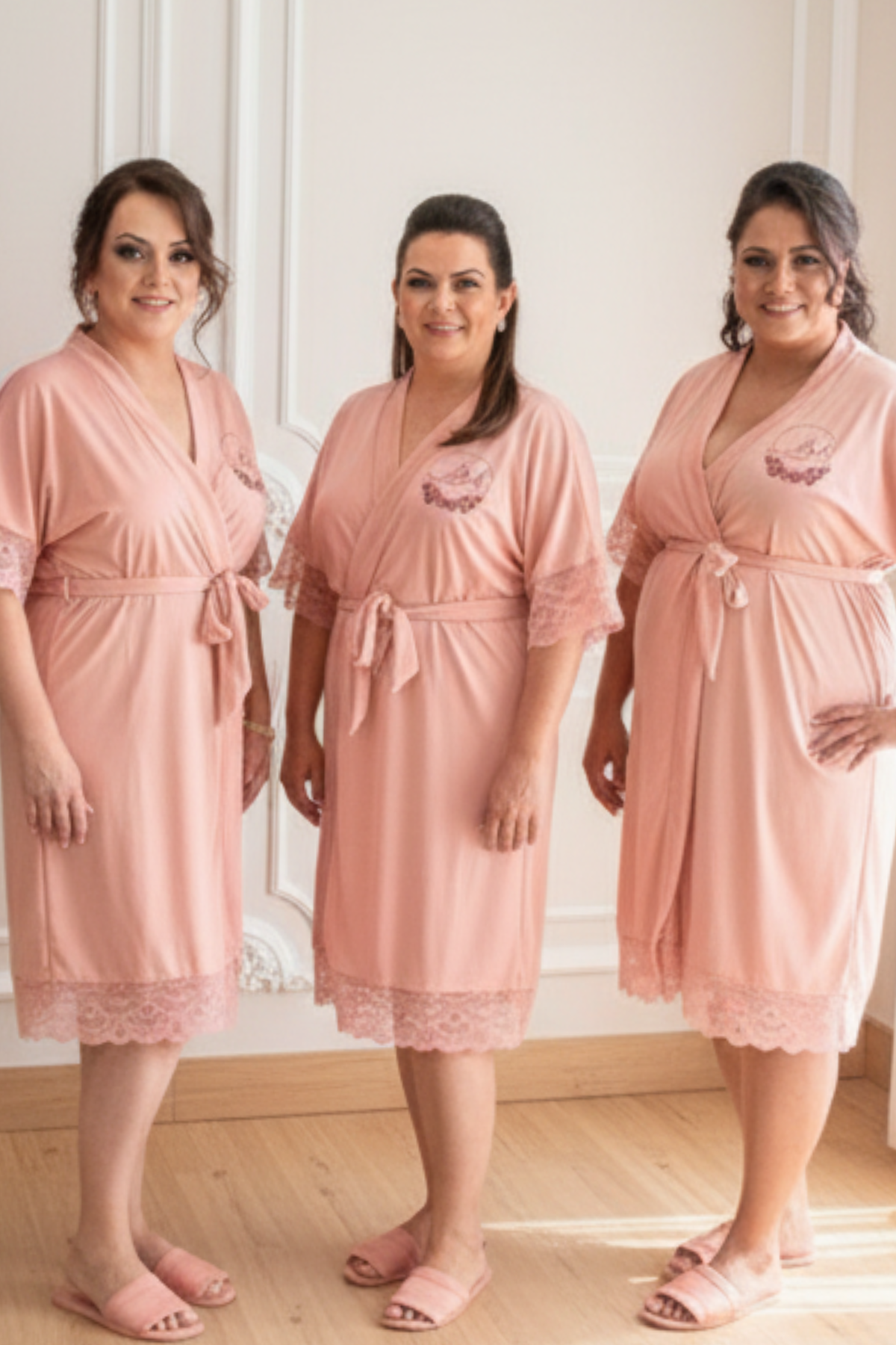 Kit Robe + Pantufa Chinelinho Rose Barbara Com Renda Madrinha