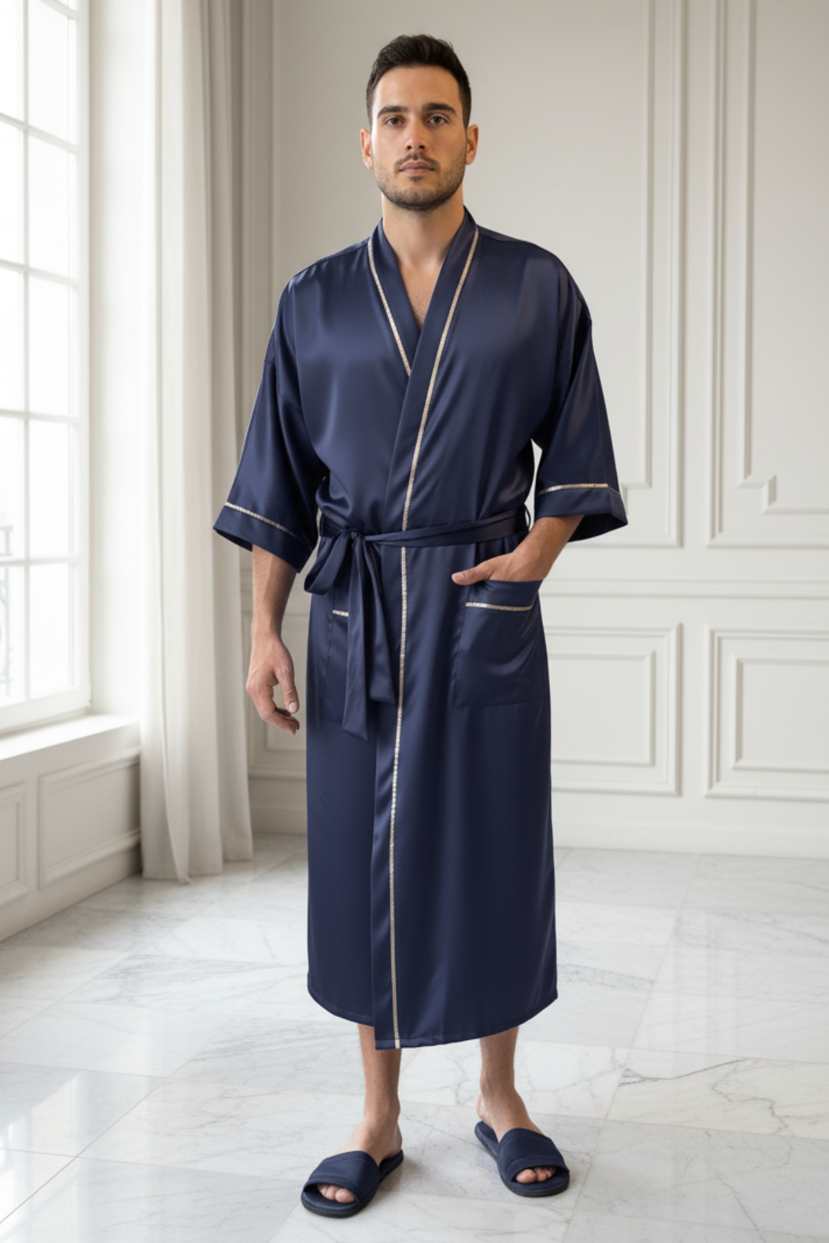Robe Roupão Masculino Longo Personalizado Leonardo com Detalhe em Friso